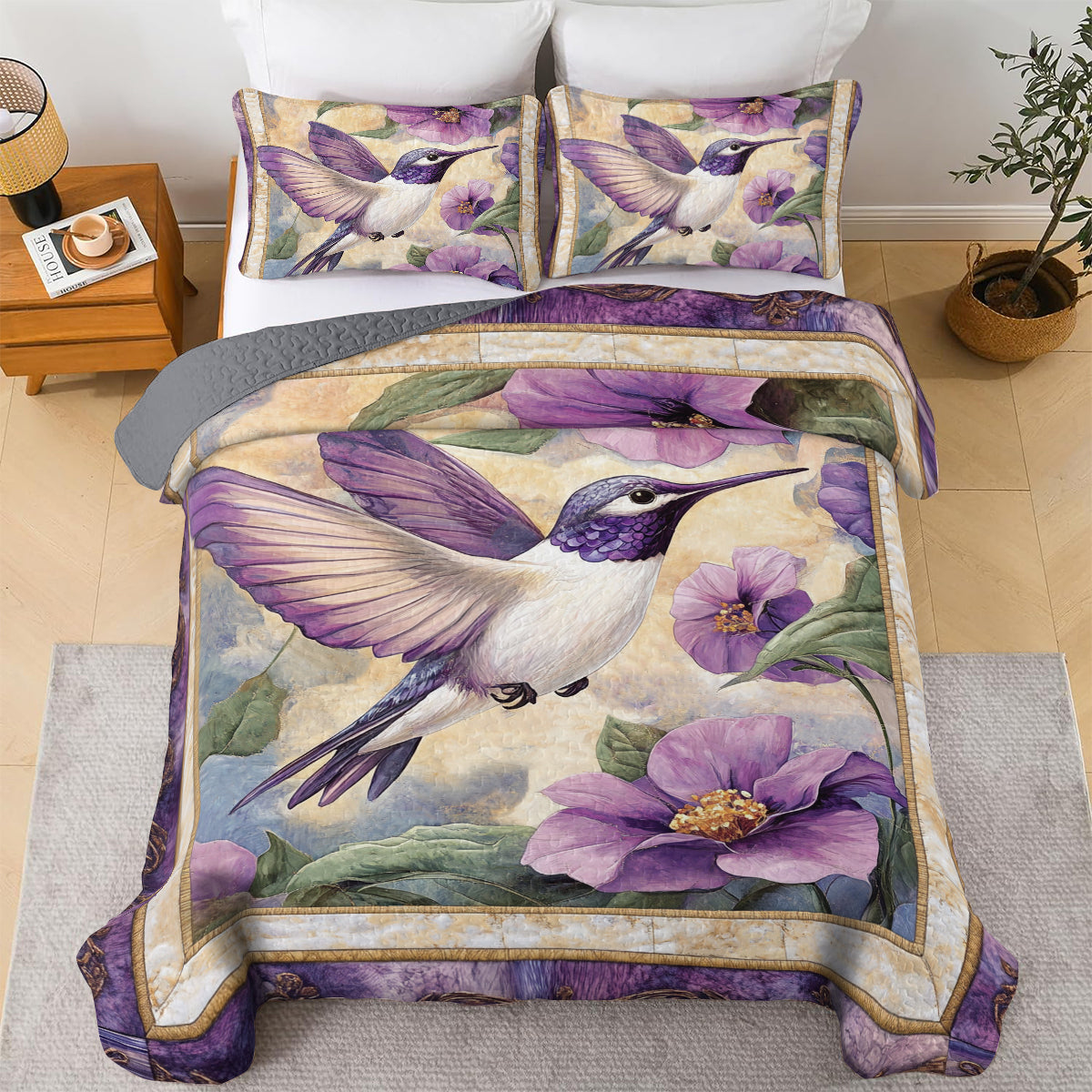 Shineful All Season Quilt 3-Piece Set Purple Hummingbird Dream