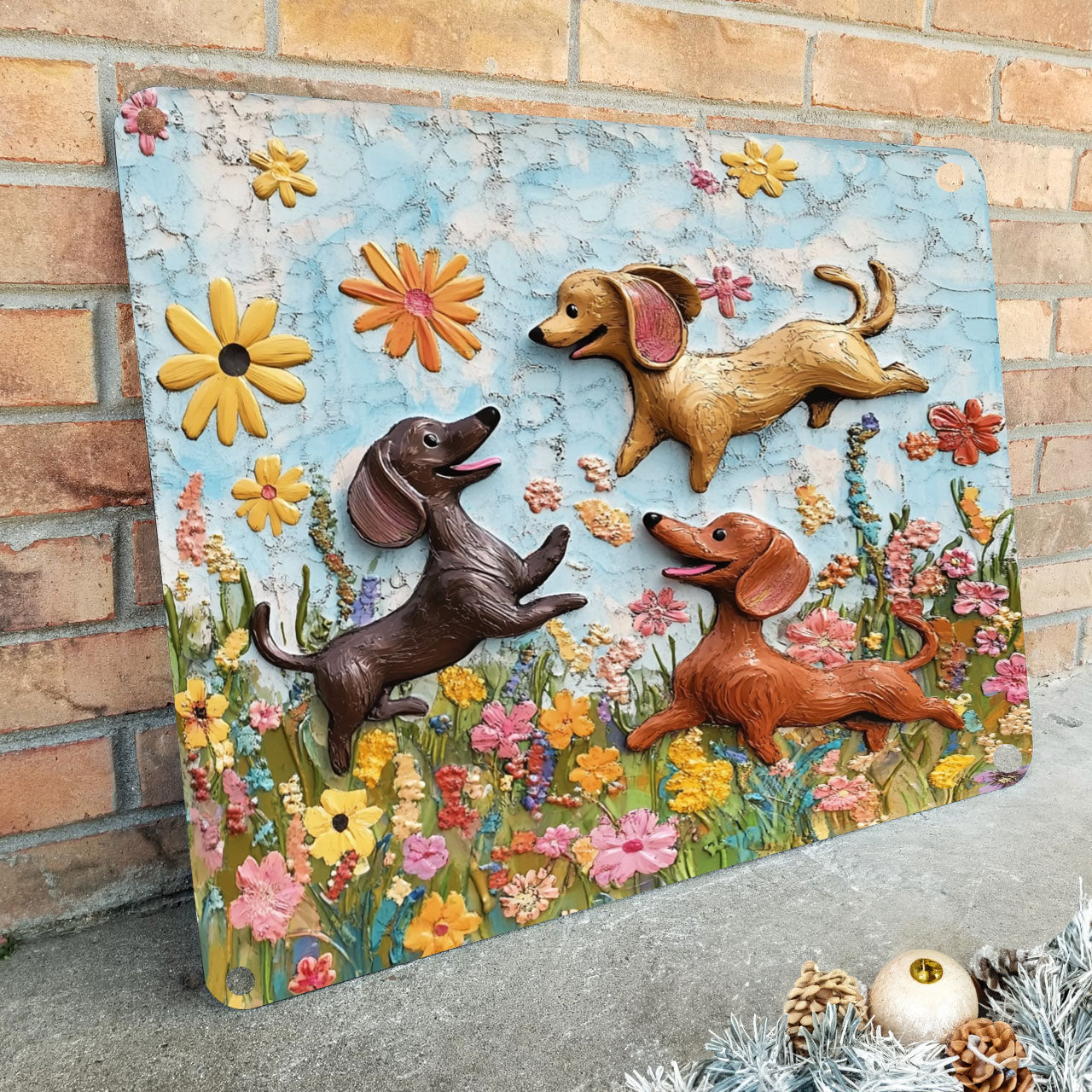 Shineful 2D Flat Print Metal Sign Happy Dachshunds Floral