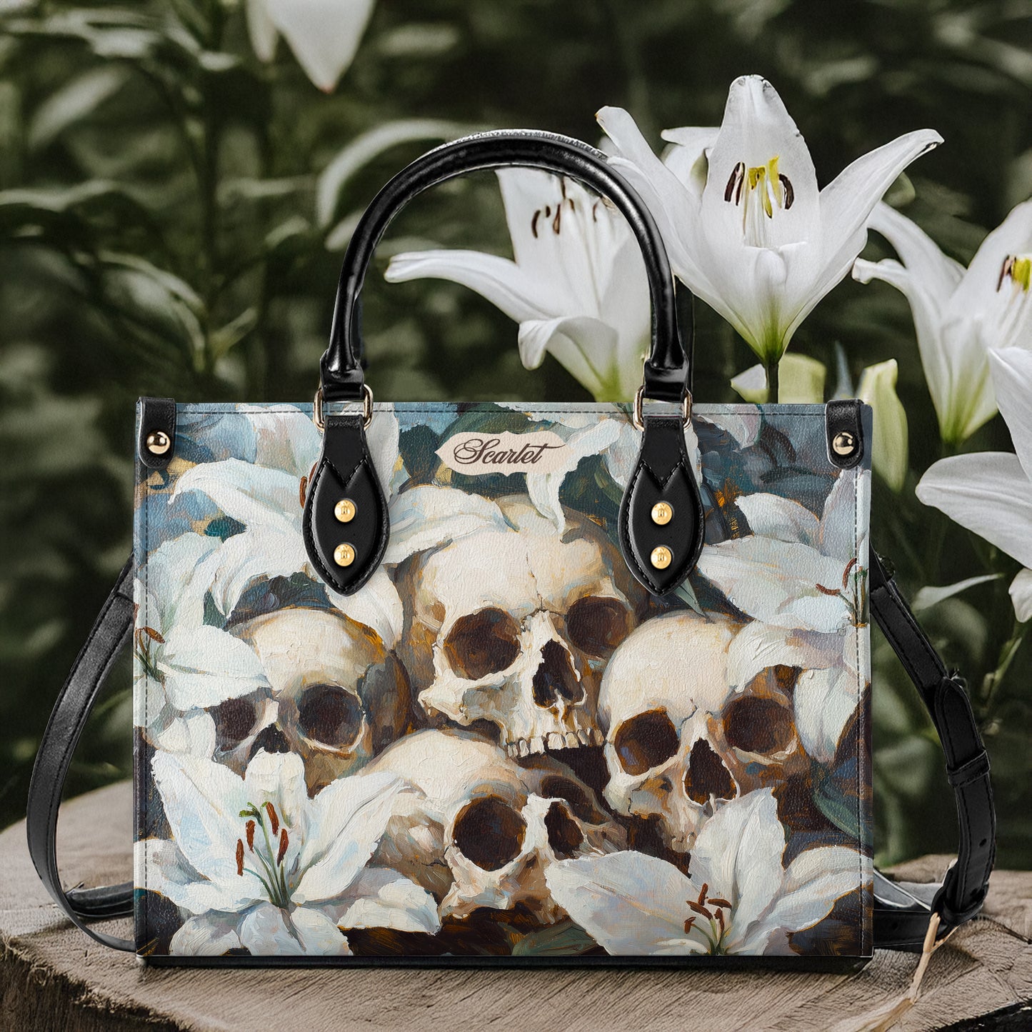 Sac en cuir brillant Mystic Skull &amp; White Lilies