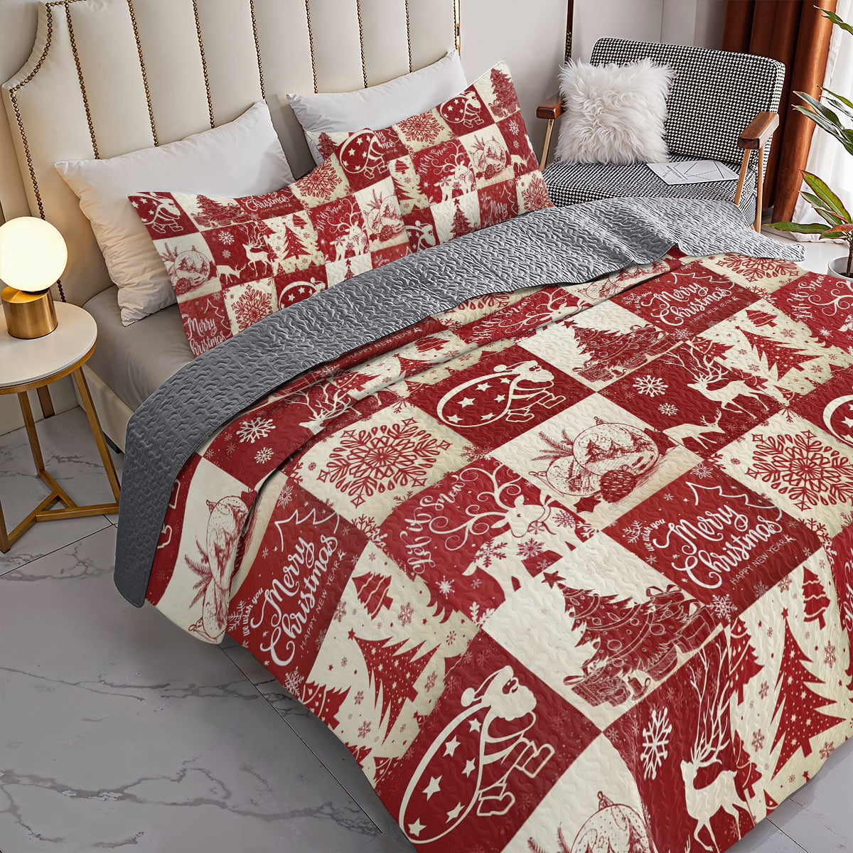 Shineful All Season Quilt 3-Piece Set Red Merry Christmas