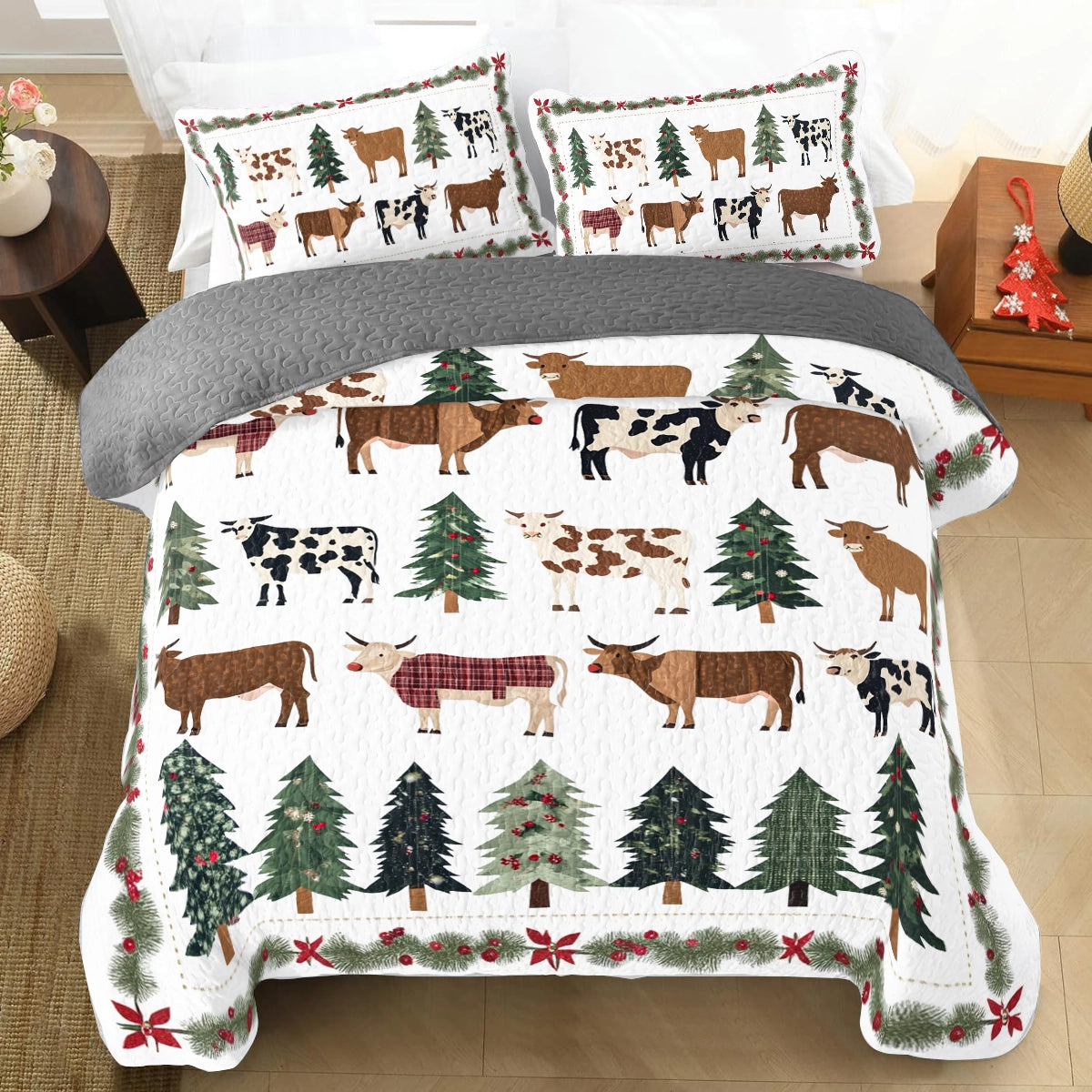 Shineful All Season Quilt 3-Piece Set Evergreen Christmas Cow