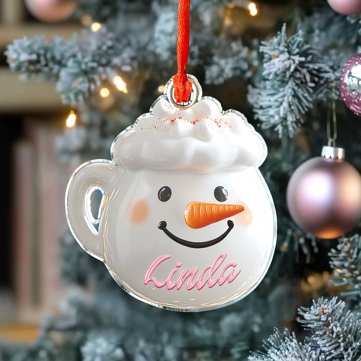 Ornement en acrylique 2D personnalisé et brillant Charmante tasse festive de Noël