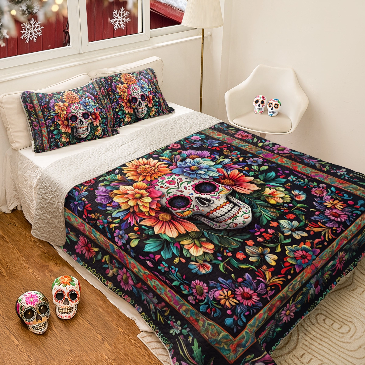 Shineful All Season Quilt 3-teiliges Set Sugar Skull Blossom