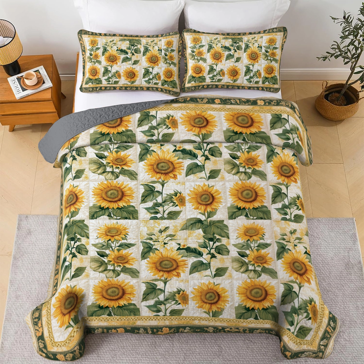 Shineful All Season Quilt 3-Piece Set Vintage Rustic Sunflower Patchwork