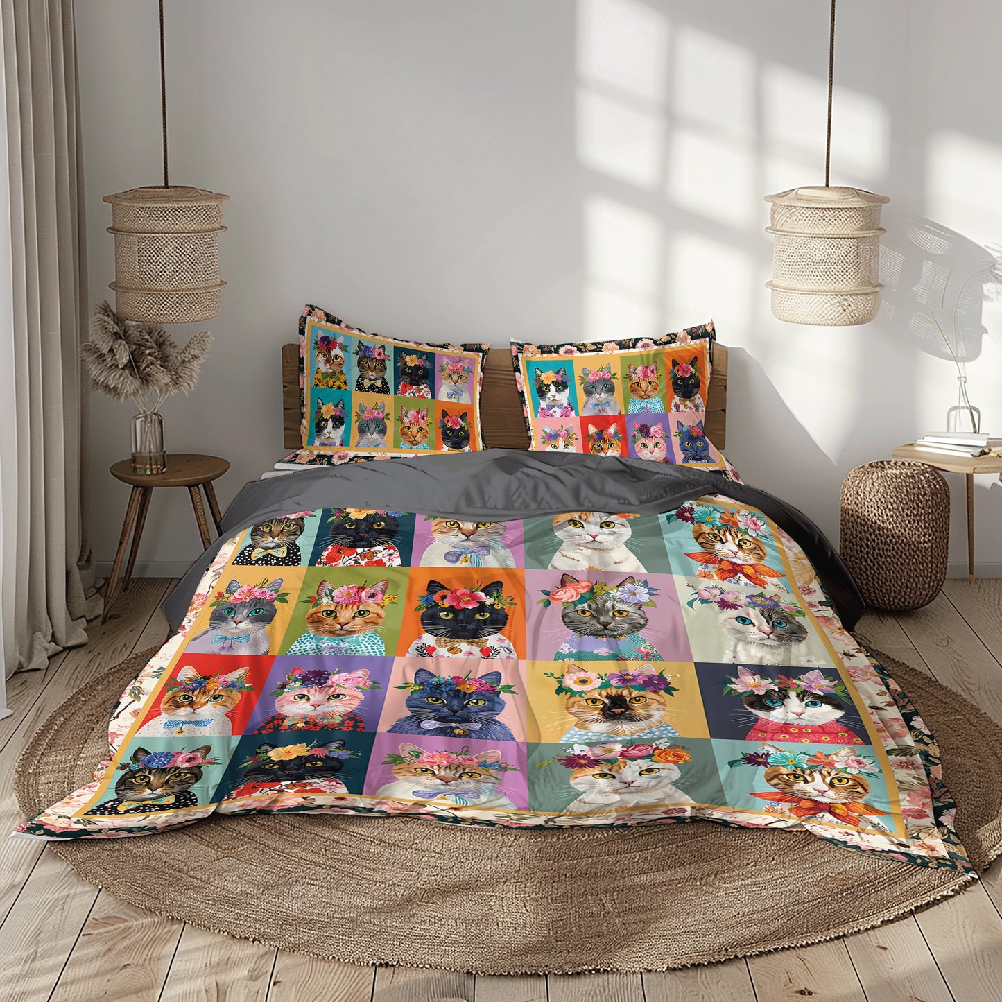 Shineful 3 Pieces Duvet Cover Set Floral Cat Fantasy