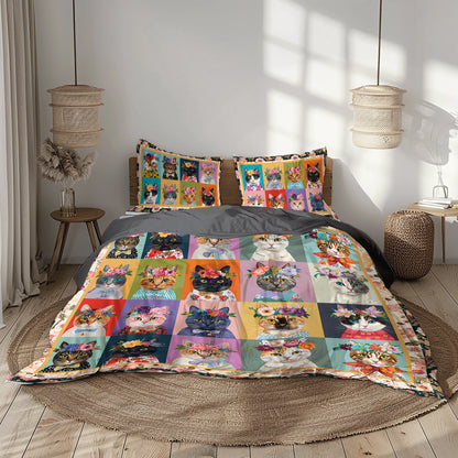 Shineful 3 Pieces Duvet Cover Set Floral Cat Fantasy