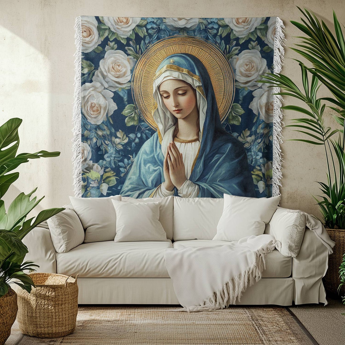 Shineful Woven Tapestry Throw Blanket Virgin Mary Floral Devotion