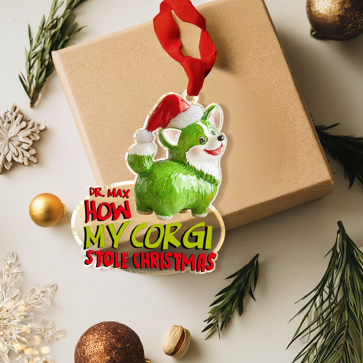 Glänzendes personalisiertes 2D-Ornament aus Acryl „Wie mein Corgi Weihnachten gestohlen hat“