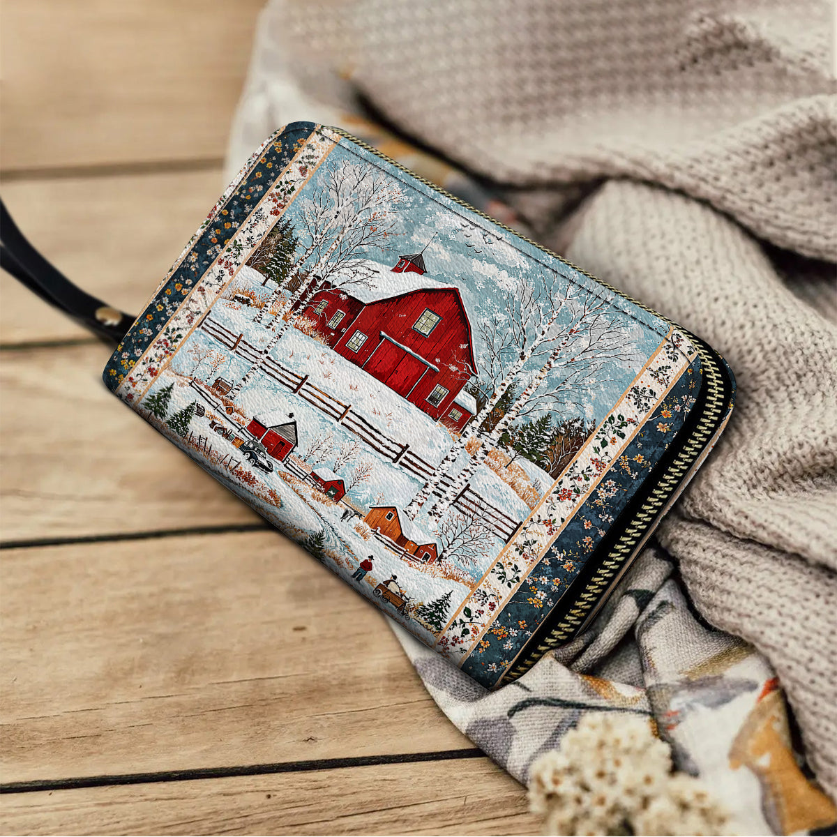 Shineful Leather Clutch Purse With Wristlet Strap Handle Red Barn Christmas