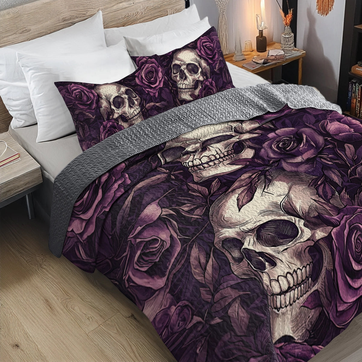 Shineful All Season Quilt 3-Piece Set - Romance Skull Gothic Bloom