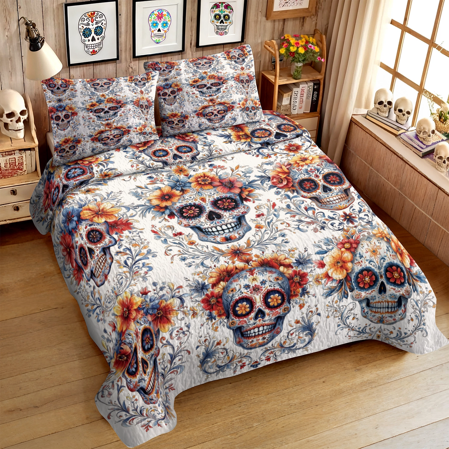 Shineful All Season Quilt 3-Piece Set - Mexican Folk Art Skull