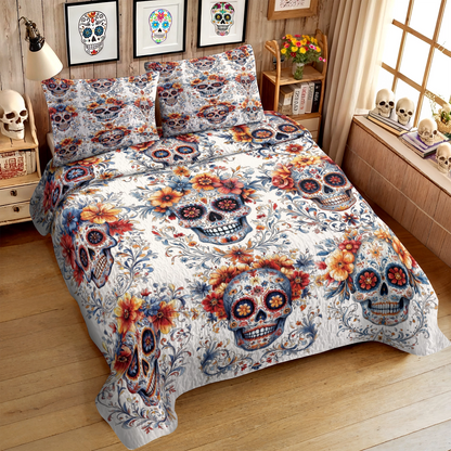 Shineful All Season Quilt 3-Piece Set - Mexican Folk Art Skull