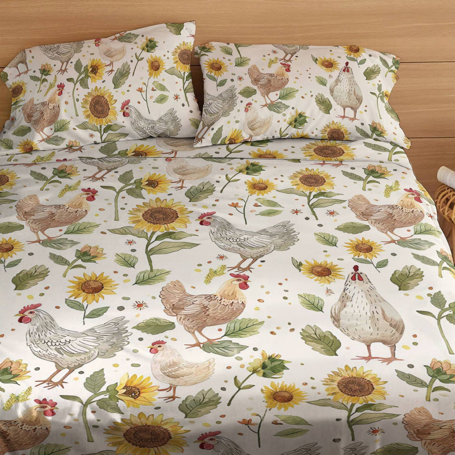 Shineful 4-Piece Bed Sheet Set Sunflower Chickens