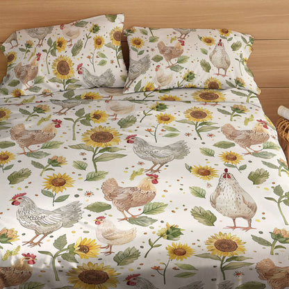 Shineful 4-Piece Bed Sheet Set Sunflower Chickens