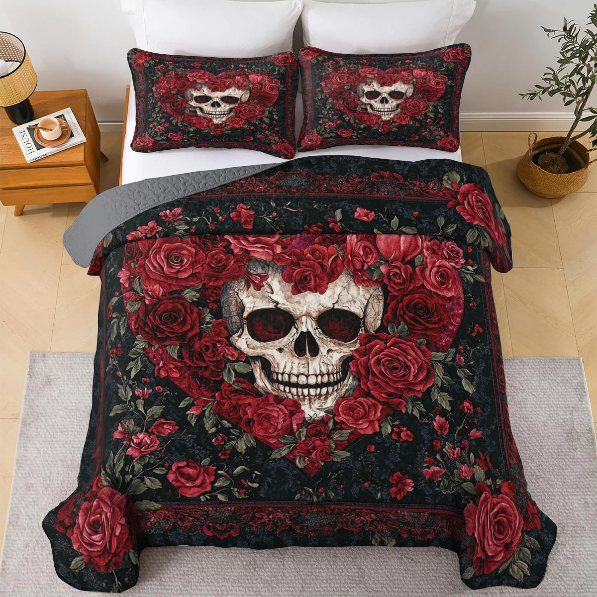 Ensemble de courtepointe toutes saisons Shineful 3 pièces - Crimson Love Gothic