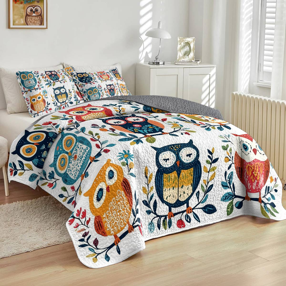 Ensemble de courtepointe toutes saisons Shineful 3 pièces - Whimsical Owl Harmony