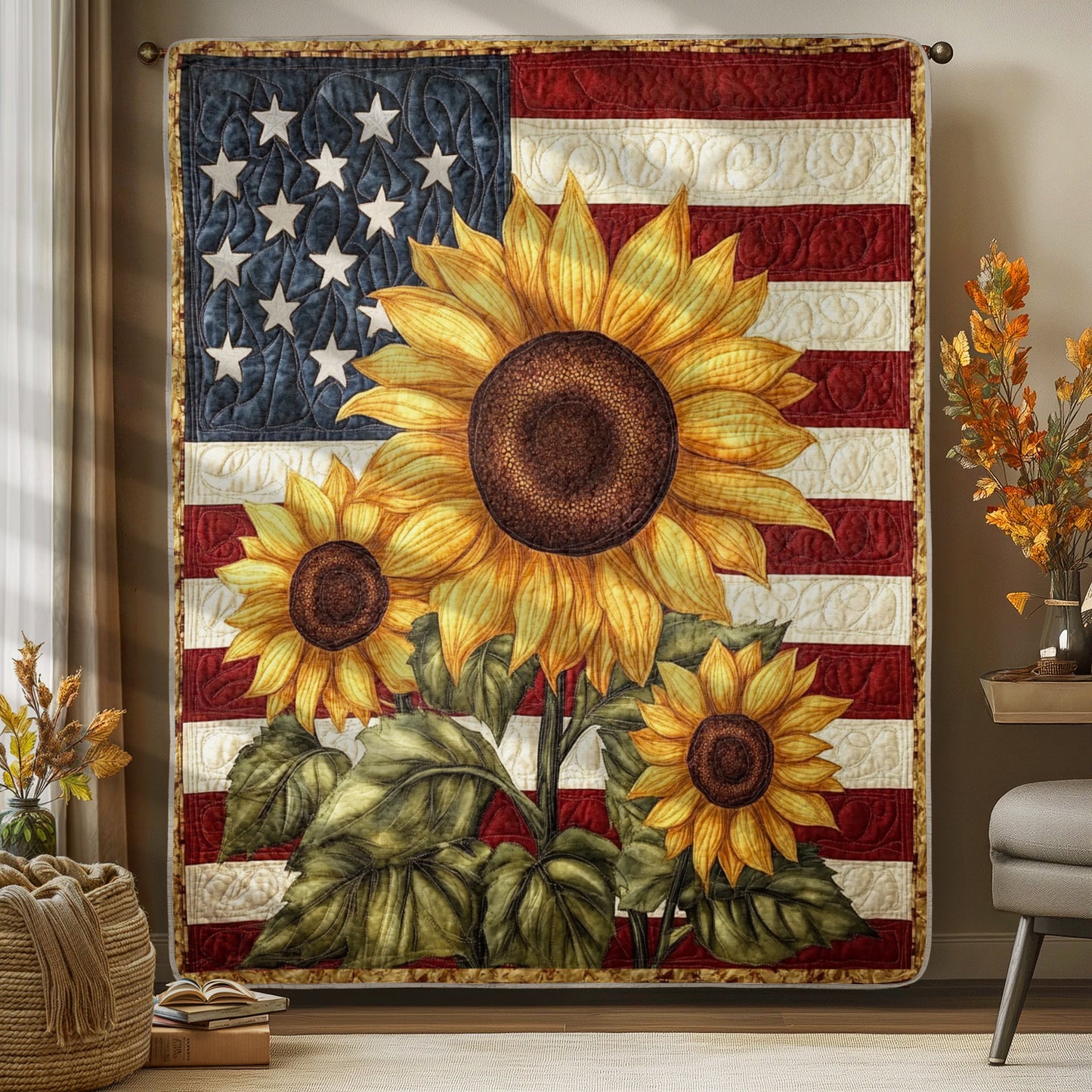 Shineful Flat Print Faux Quilt Blanket - Patriotic Sunflower