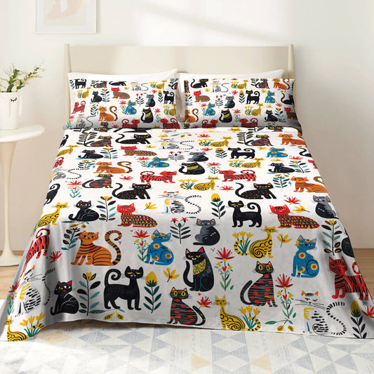 Shineful 4-Piece Bed Sheet Set Cute Whimsical Cat