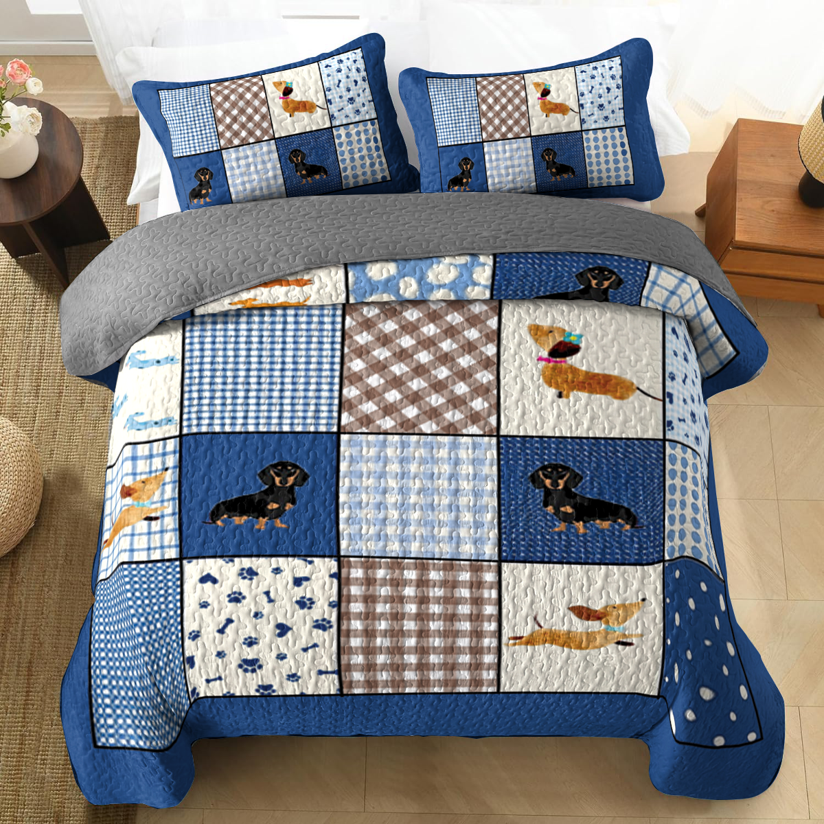 Shineful All Season Quilt 3-Piece Set - Chic Dachshund Block