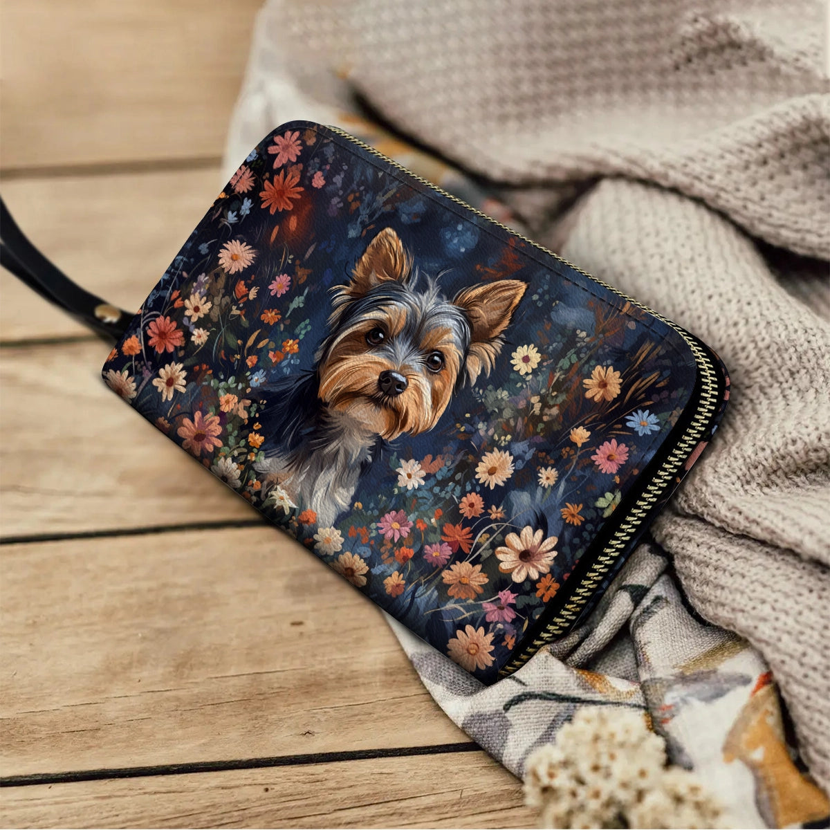 Shineful Leather Clutch Purse With Wristlet Strap Handle Enchanted Yorkie Bloom