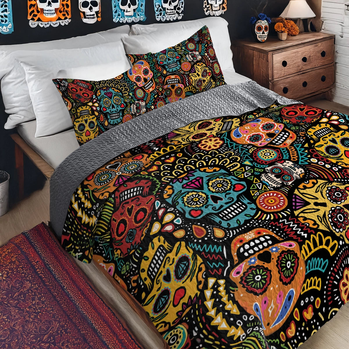 Shineful All Season Quilt 3-Piece Set - Psychedelic Skull Dream