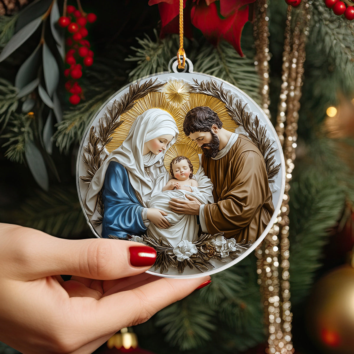 Glänzendes 2D-Ornament aus Acryl – Weihnachtskrippe der Heiligen Familie