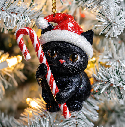 Glänzendes 2D-Acryl-Ornament „Weihnachten, schwarze Katze“