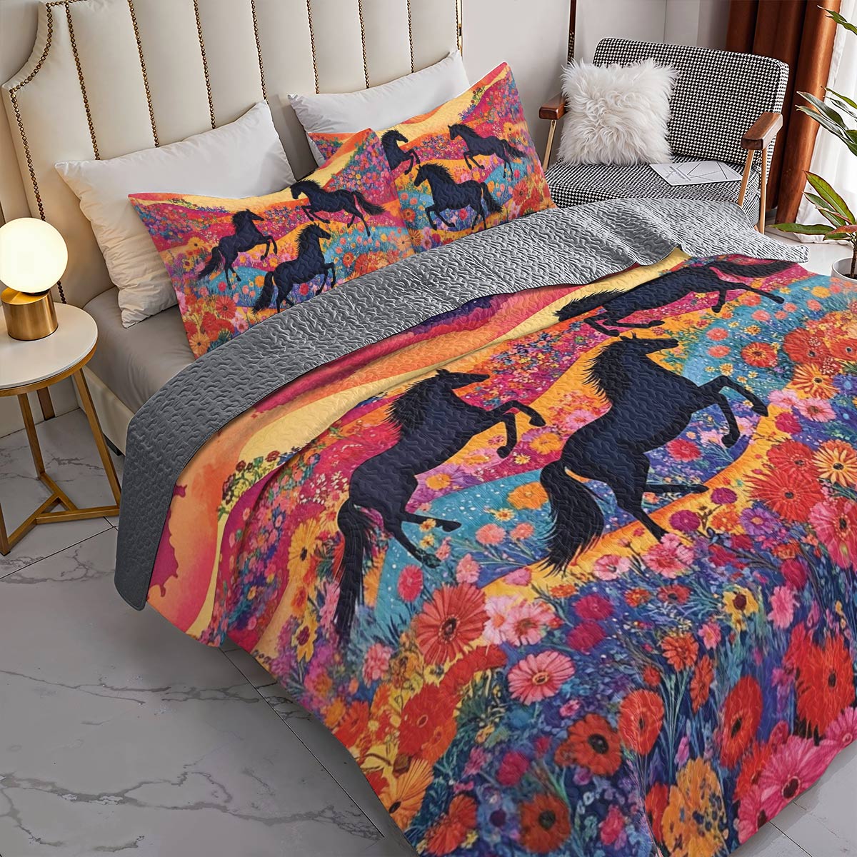 Shineful All Season Quilt 3-Piece Set Colorful Horses