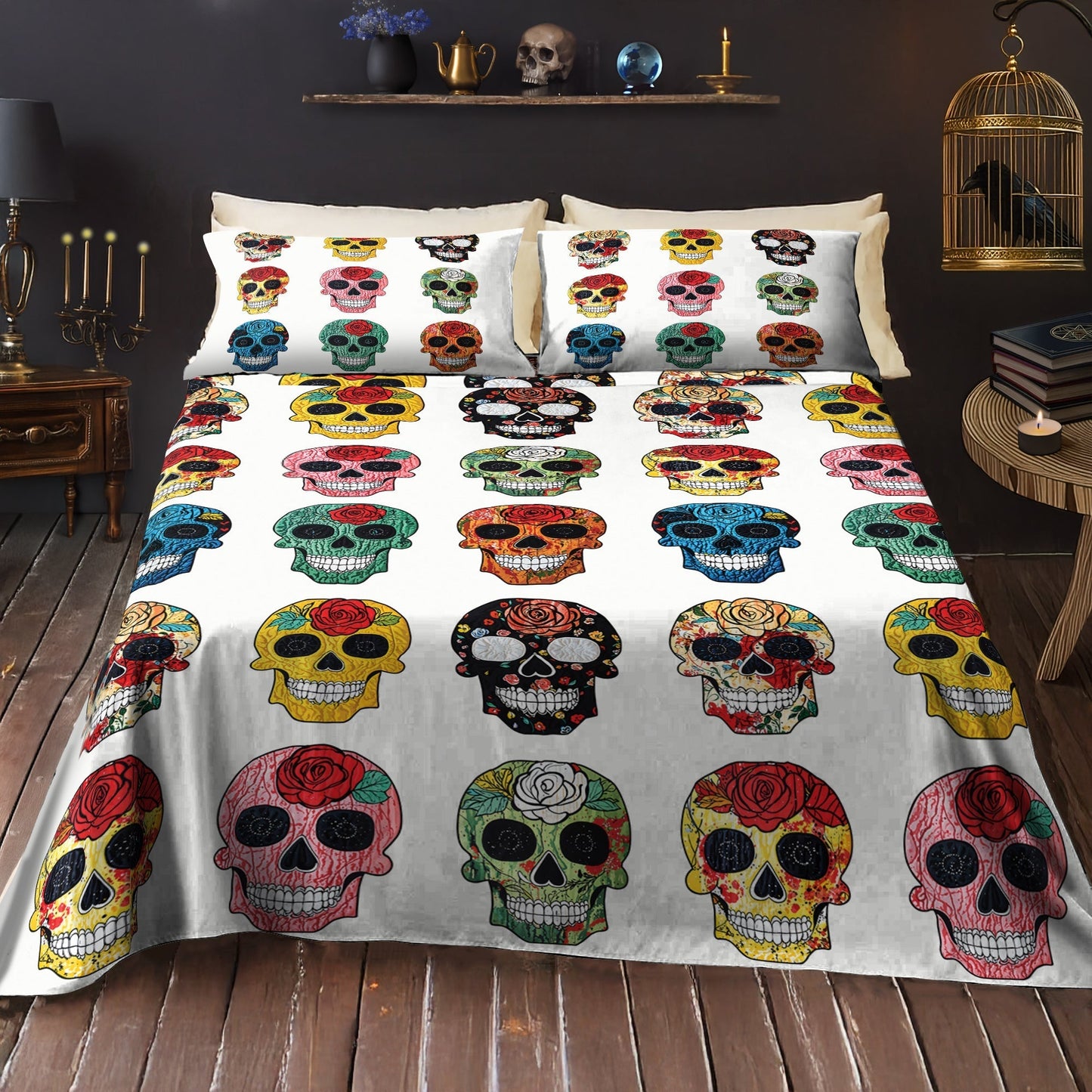 Shineful 4-Piece Bed Sheet Set - Colorful Sugar Skull Roses