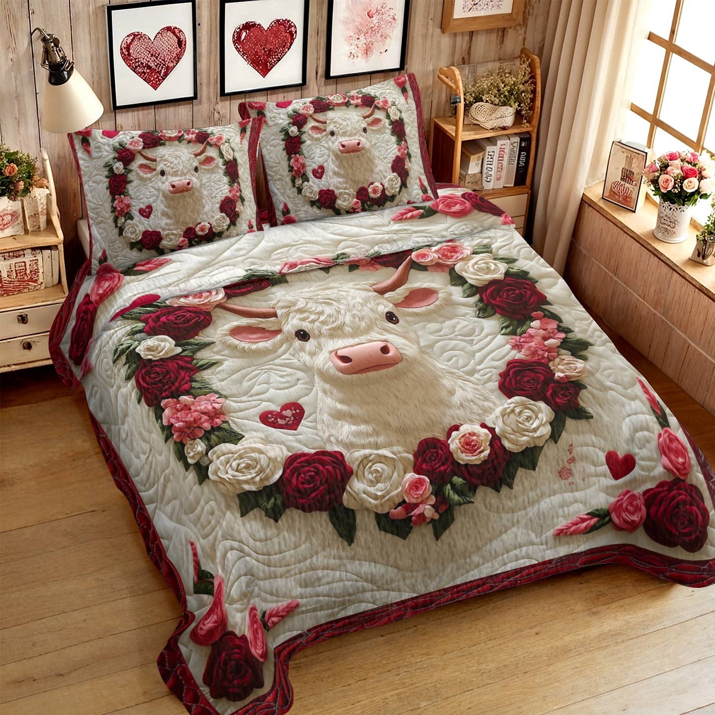 Shineful All Season Quilt 3-Piece Set Cow Rose