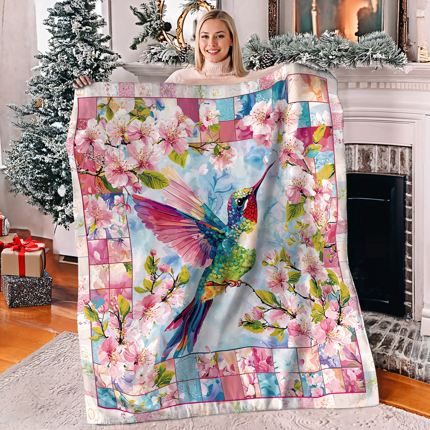 Shineful Fleece Blanket Floral Colorful Hummingbird