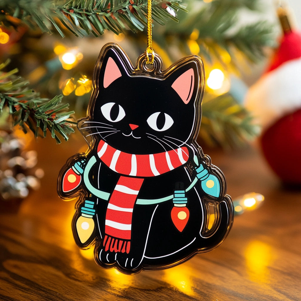 Glänzendes 2D-Ornament aus Acryl – Festliche Katze leuchtet