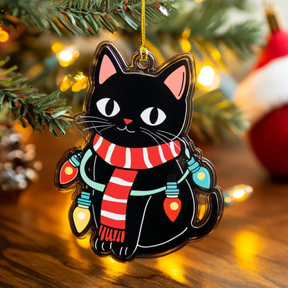 Glänzendes 2D-Ornament aus Acryl – Festliche Katze leuchtet