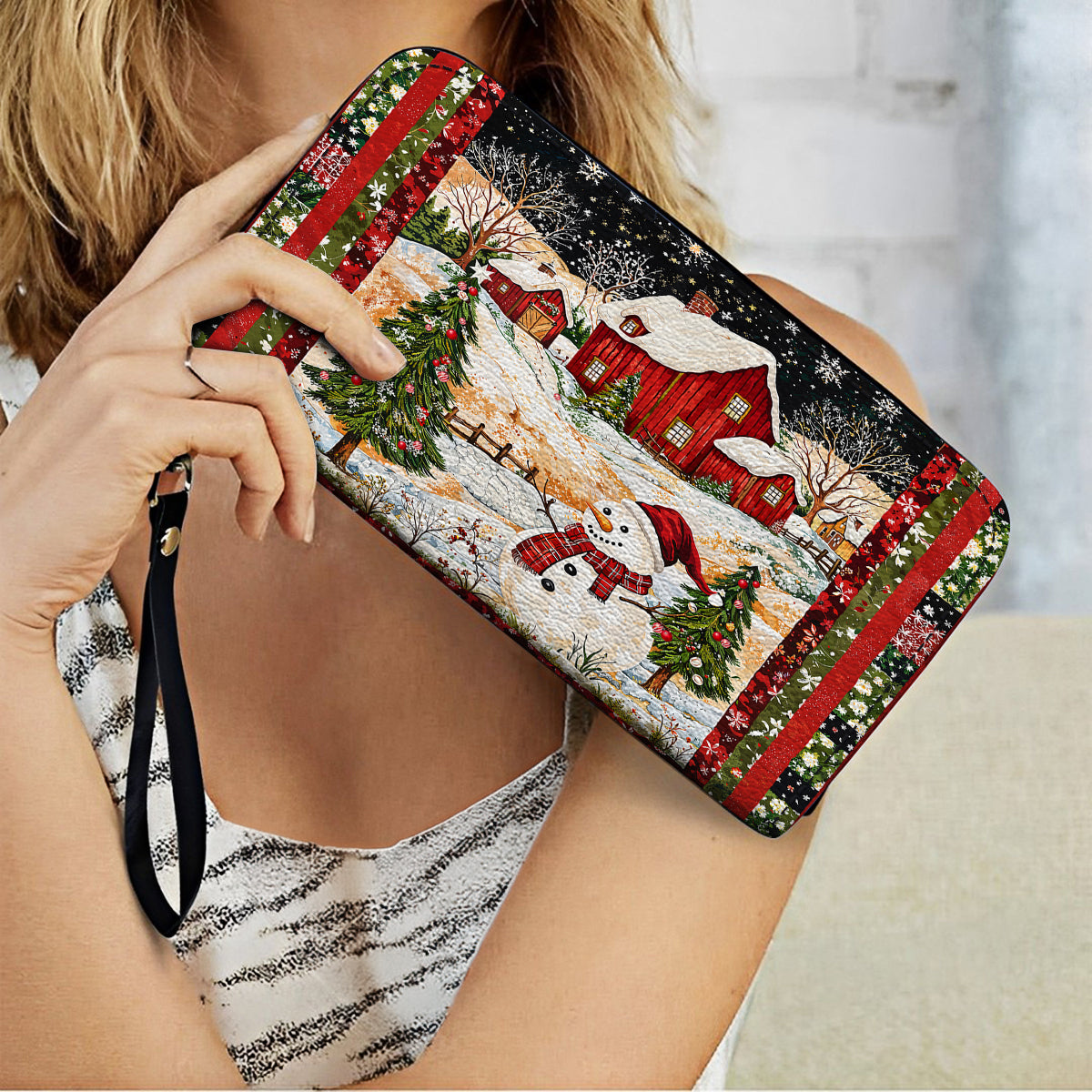 Shineful Leather Clutch Purse With Wristlet Strap Handle Snowman's Christmas Dream