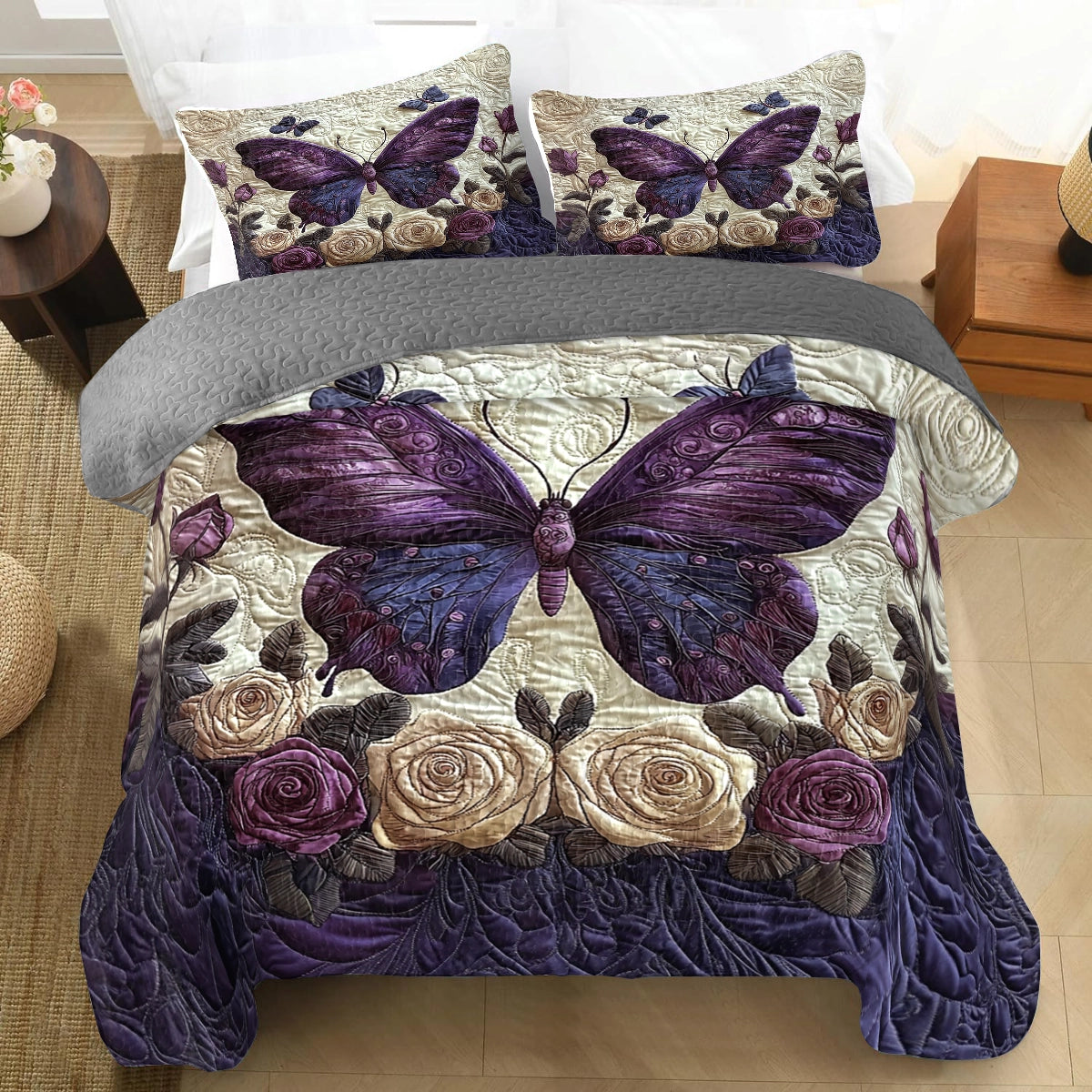 Ensemble de courtepointe toutes saisons Shineful 3 pièces Luxe Butterfly Comfort