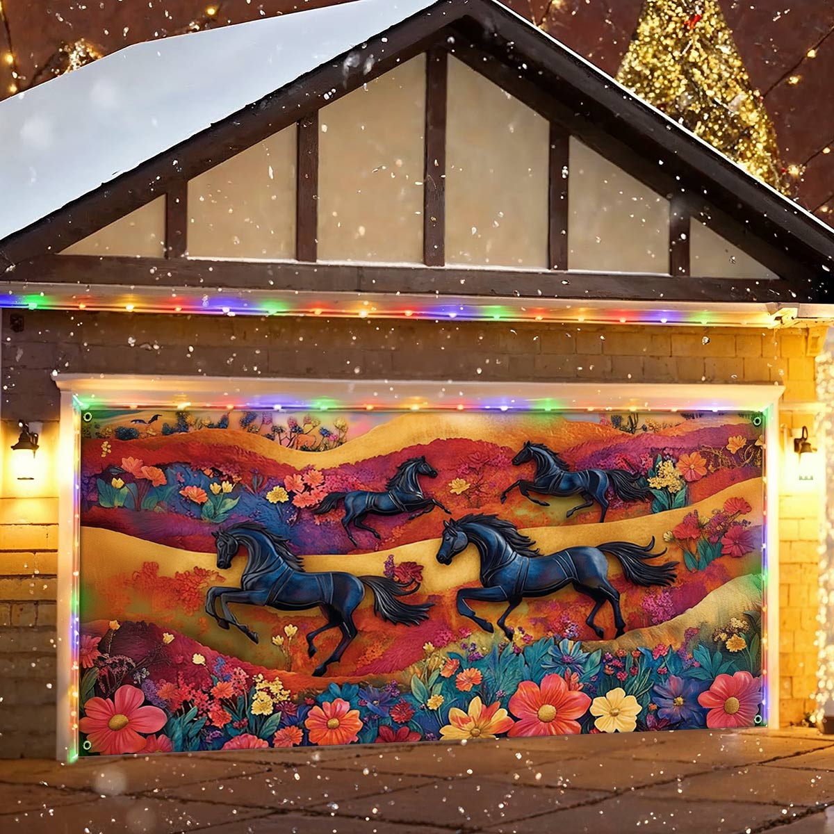 Shineful Garage Door Banner Decoration Colorful Horses