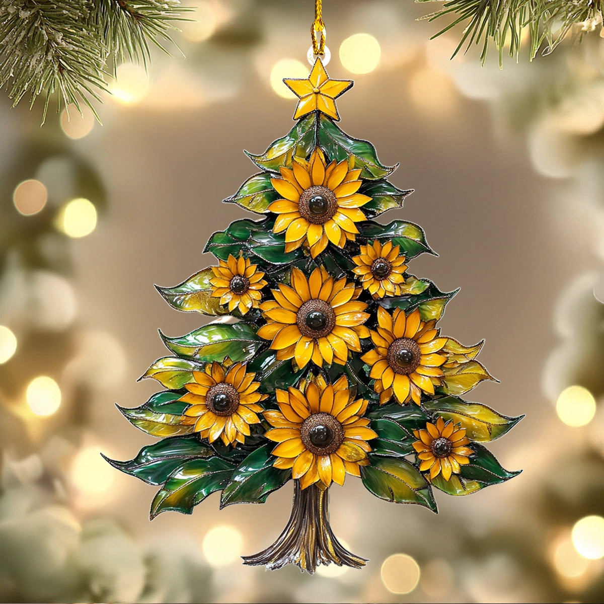 Glänzendes 2D-Acryl-Ornament „Sonnenblumen-Weihnachtsbaum“ 