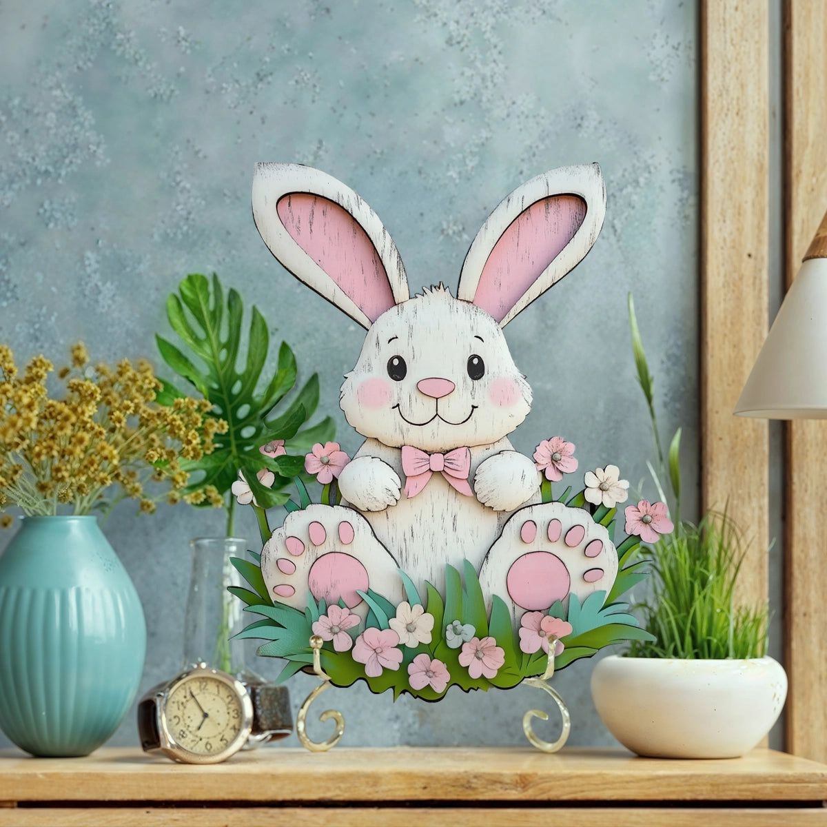 Shineful 2D Wooden Plaque, Hanging Decor, Door Sign - Easter Bunny Meadow