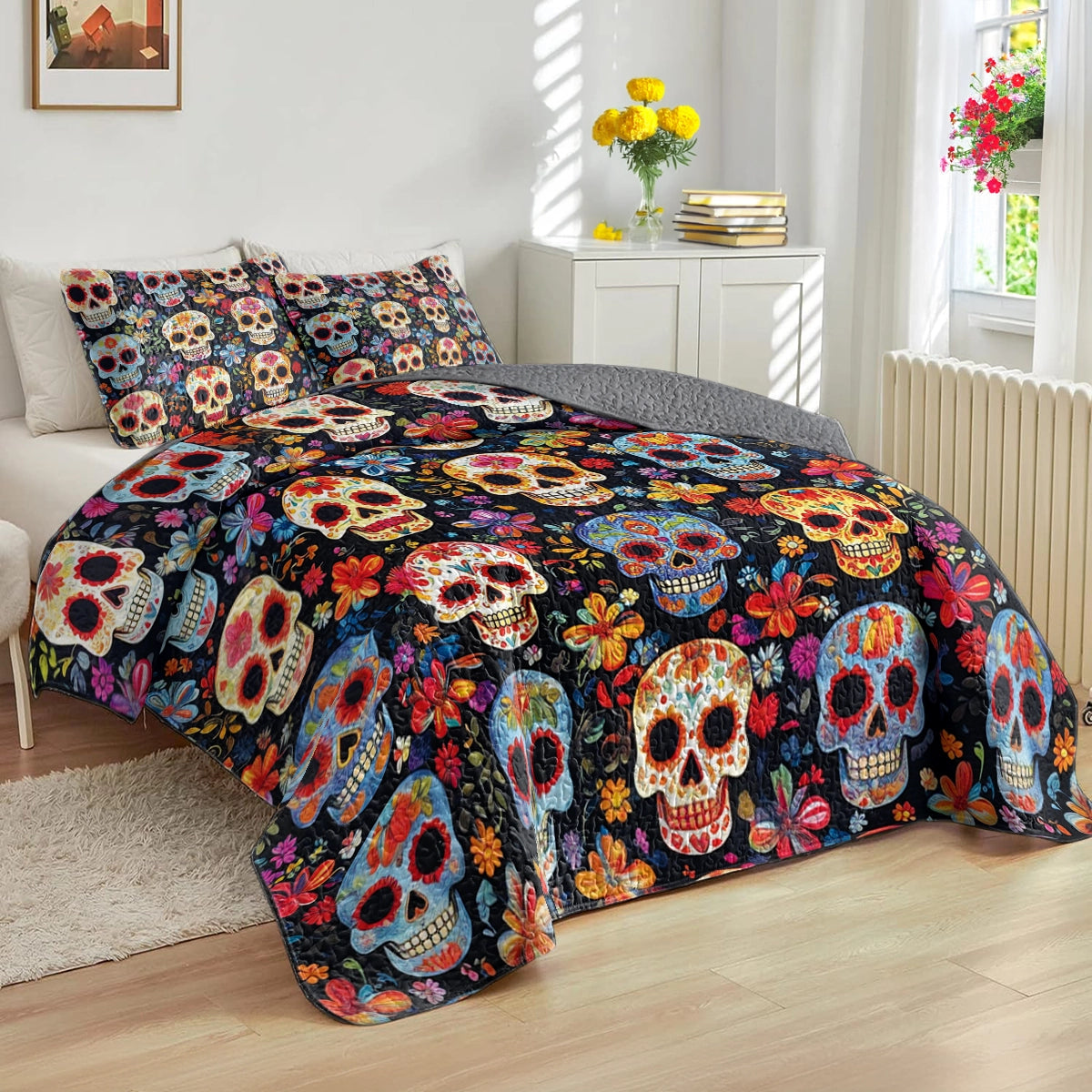 Shineful All Season Quilt 3-Piece Set - Colorful Skulls & Blooms