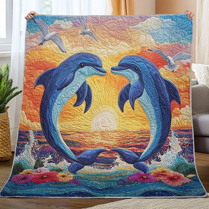 Shineful Flat Print Faux Quilt Blanket - Dolphins Dancing in a Vibrant Sunset Symphony