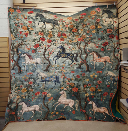 Shineful Flat Print Faux Quilt Blanket Playful Mystical Steeds