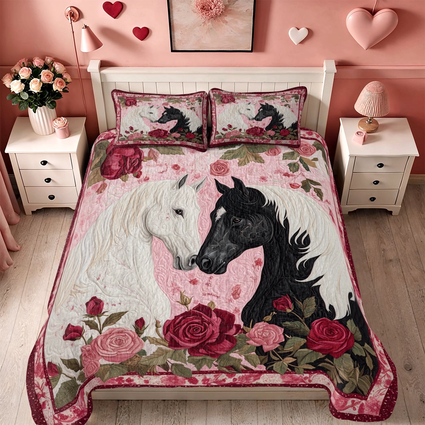 Shineful All Season Quilt 3-Piece Set Romantic Rose Horse