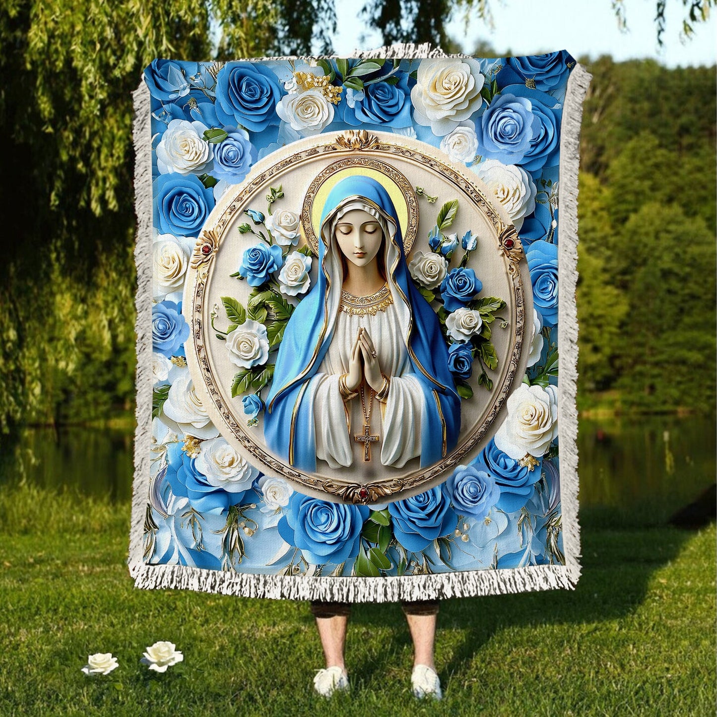 Shineful Woven Tapestry Throw Blanket - Peaceful Virgin Mary Roses