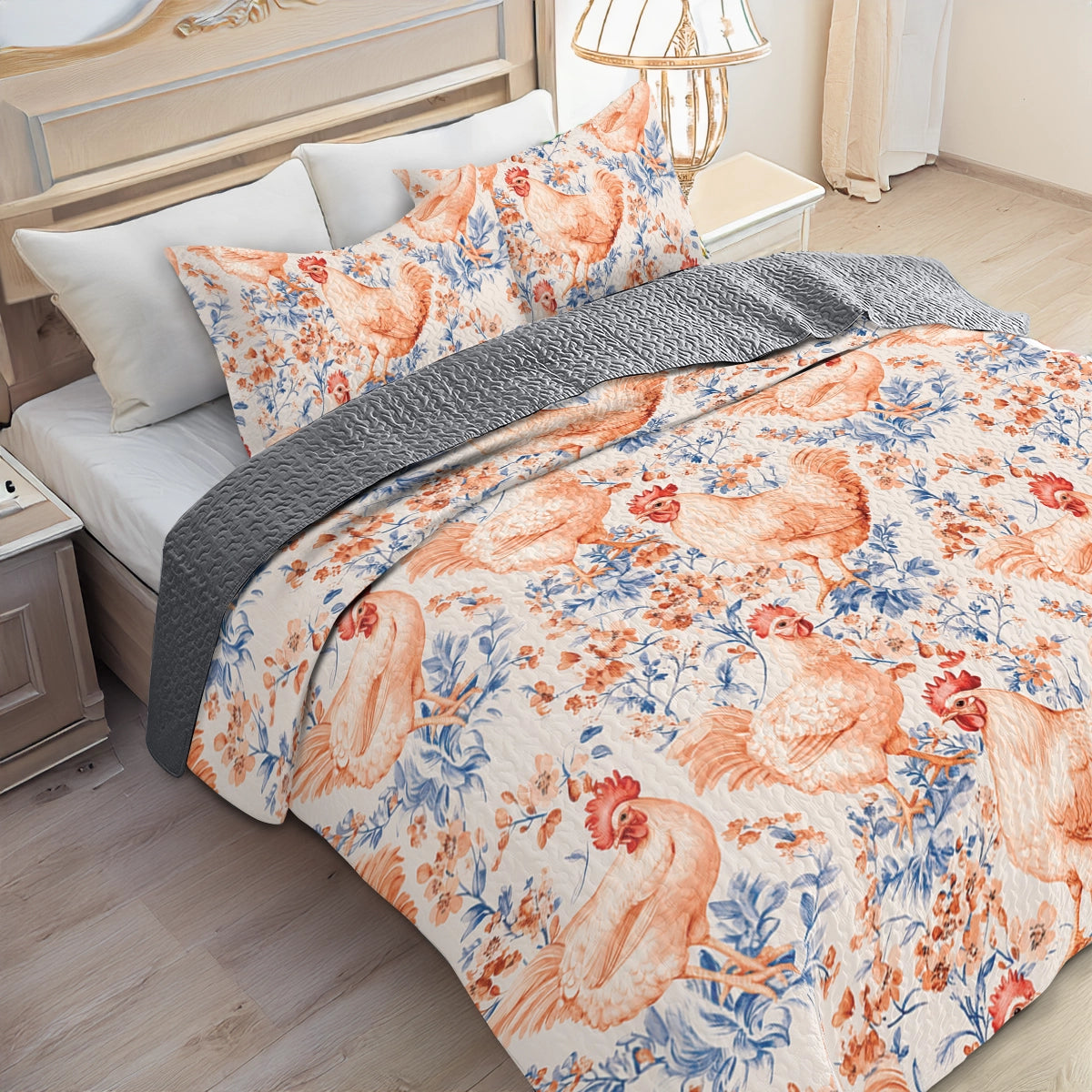 Shineful All Season Quilt 3-Piece Set Chicken Vintage Garden