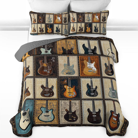 Ensemble de courtepointe toutes saisons Shineful 3 pièces - Patchwork de guitare vintage