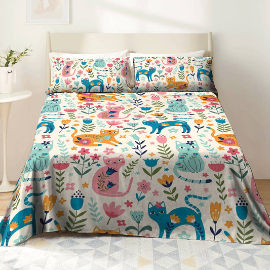 Shineful 4-Piece Bed Sheet Set Floral Cats