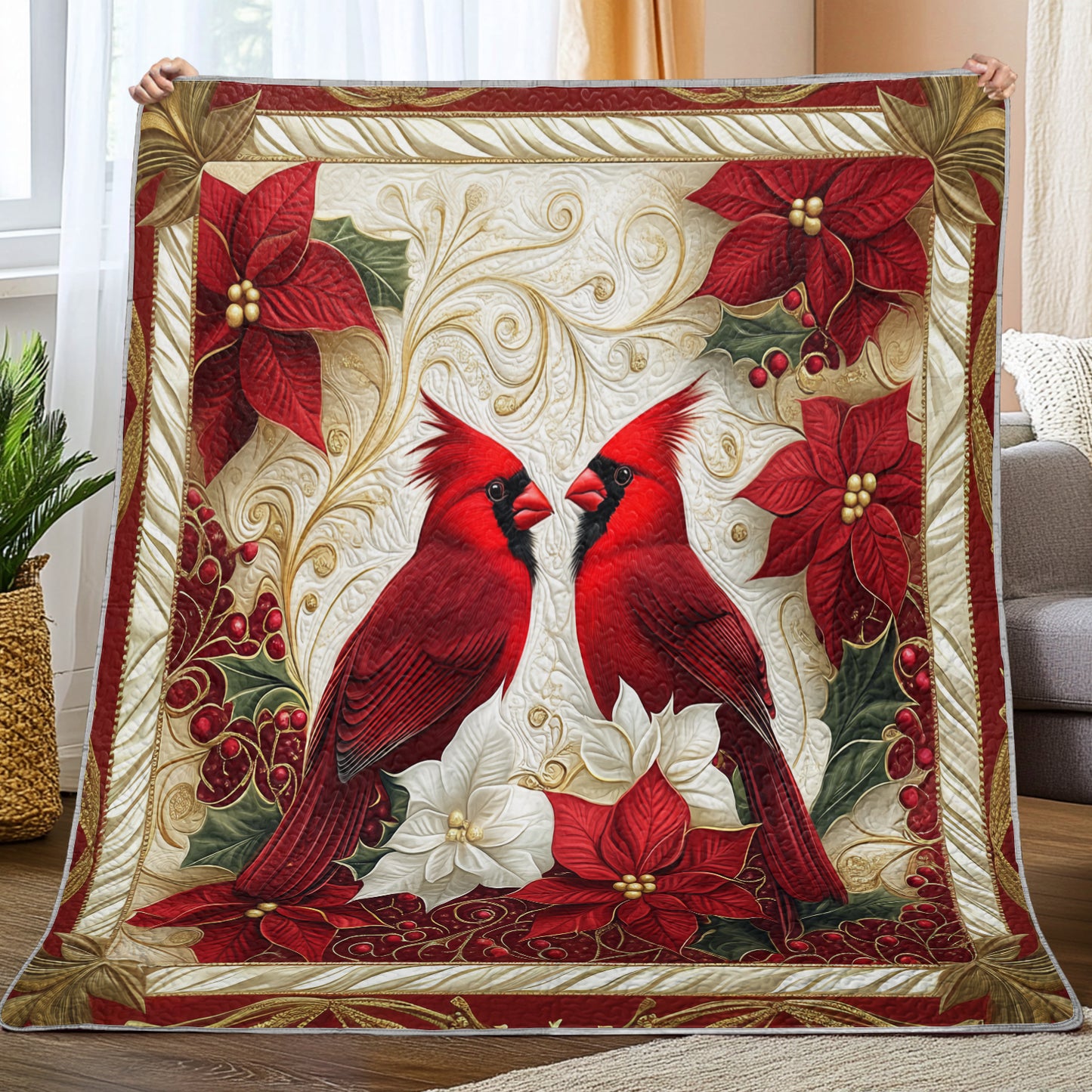 Shineful Flat Print Faux Quilt Blanket Cardinal Couple