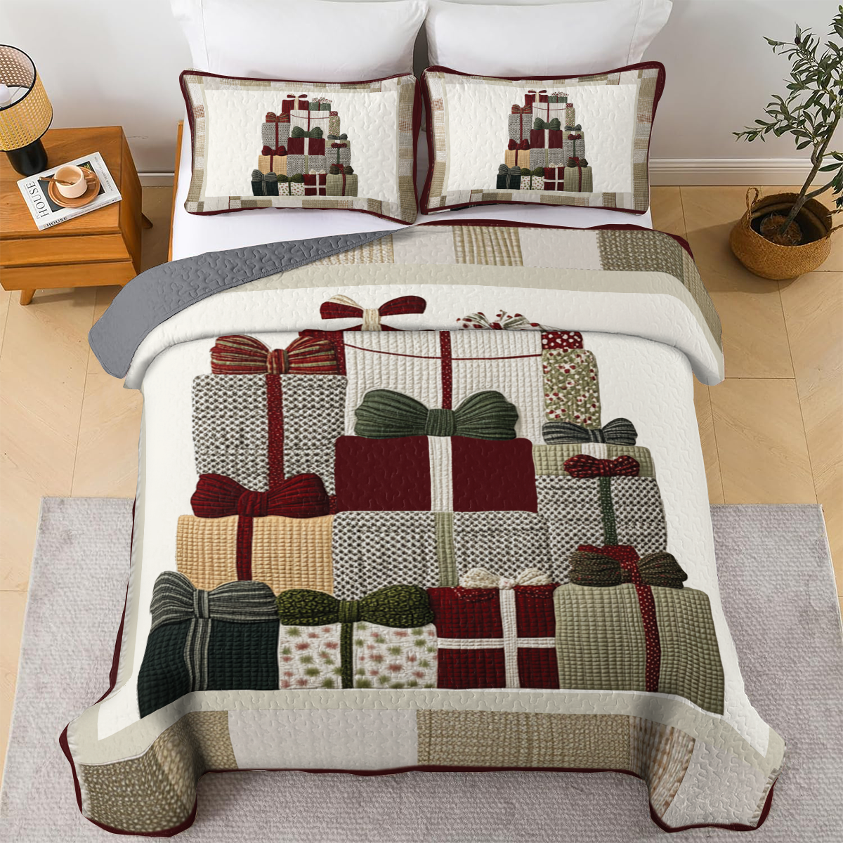 Shineful All Season Quilt 3-Piece Set - Christmas Retro Gift Boxes