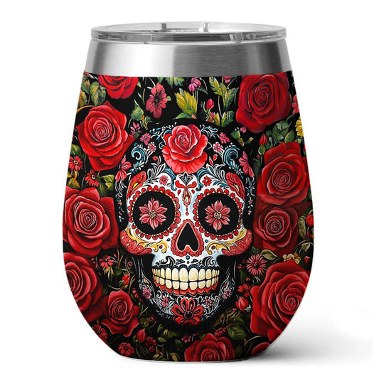 Shineful Wine Tumbler Roses & Sugar Skull Elegance