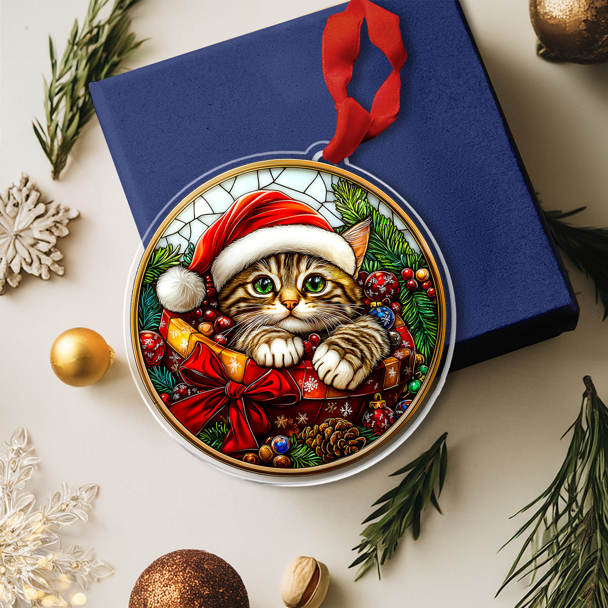 Glänzendes 2D-Acryl-Ornament, Buntglas, süße Katze, mit Geschenkbox 